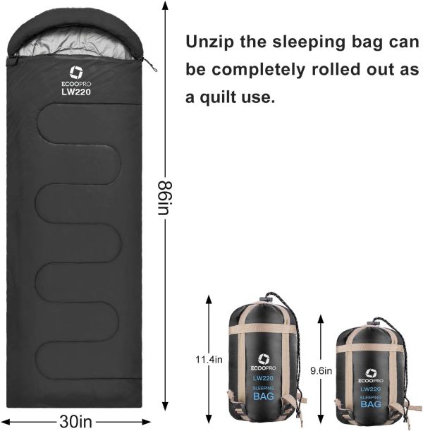 ECOOPRO Warm Weather Sleeping Bag - Portable, Waterproof, Compact Lightweight, Comfort with Compression Sack - Great for Outdoor Camping, Backpacking & Hiking-83 L x 30" W Fits Adults
