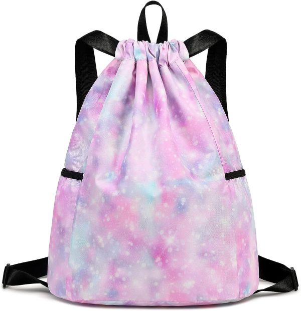 Kids drawstring bag, Kids swim bag, Cloth storage bag for boys and girls, Kids sports beach camp backpack Galaxy Pink