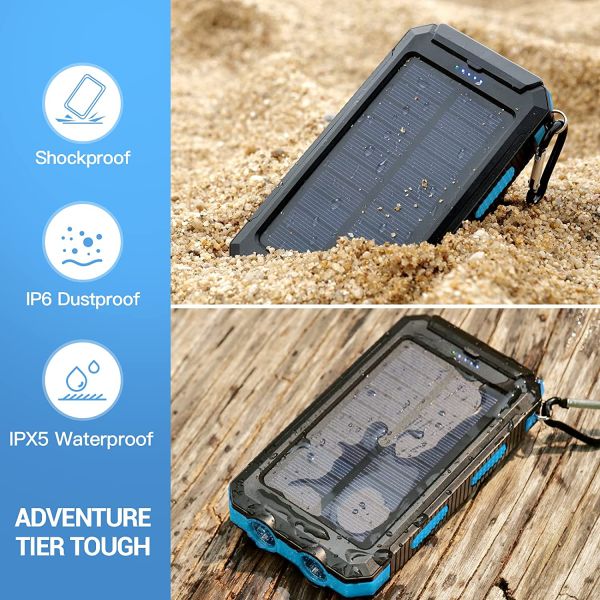 Solar Charger, Battery Pack, 20000mAh Portable Solar Power Bank with 2.1A USB-A Output Ports Compatible with iPhone, Samsung Galaxy, and More, Dual Emergency LED Flashlight Perfect for Hiking, Camping