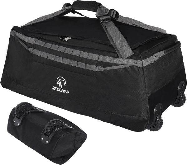 REDCAMP 140L Foldable Duffle Bag with Wheels and Backpack Straps, 1680D Oxford Extra Large rolled Duffel Bag backpack for Camping Travel Gear, Black